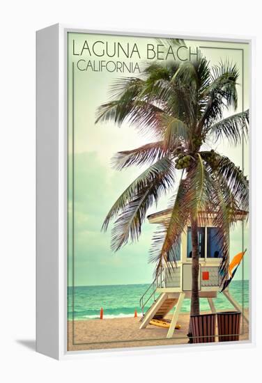 Laguna Beach, California - Lifeguard Shack and Palm-Lantern Press-Framed Stretched Canvas