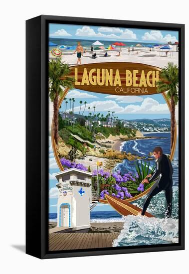 Laguna Beach, California - Montage Scenes-Lantern Press-Framed Stretched Canvas