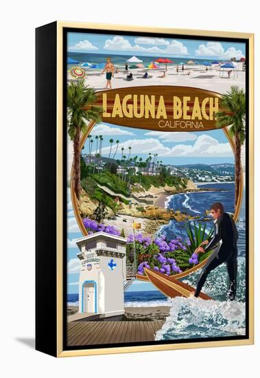 Laguna Beach, California - Montage Scenes-Lantern Press-Framed Stretched Canvas
