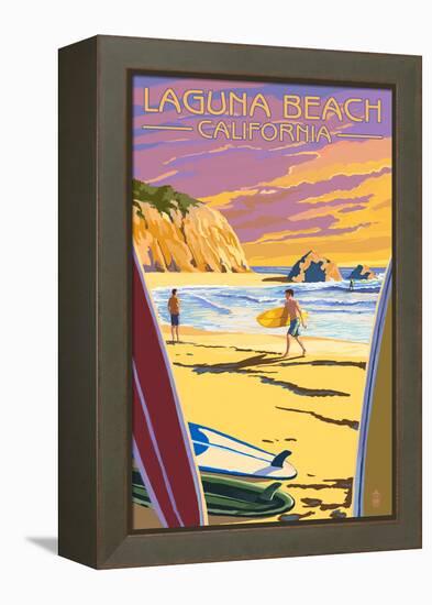 Laguna Beach, California - Surfers at Sunset-Lantern Press-Framed Stretched Canvas