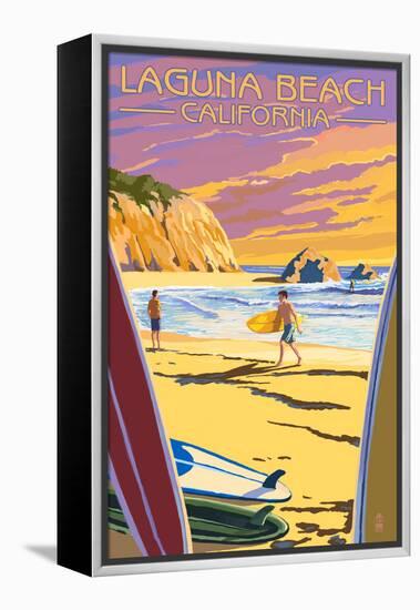 Laguna Beach, California - Surfers at Sunset-Lantern Press-Framed Stretched Canvas