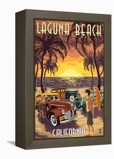 Laguna Beach, California - Woodies and Sunset-Lantern Press-Framed Stretched Canvas