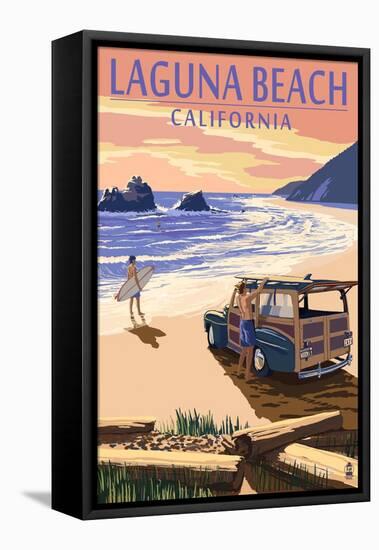 Laguna Beach, California - Woody on Beach-Lantern Press-Framed Stretched Canvas