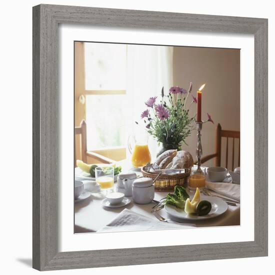 Laid Breakfast Table with Baked Goods, Juice and Fruit-null-Framed Photographic Print