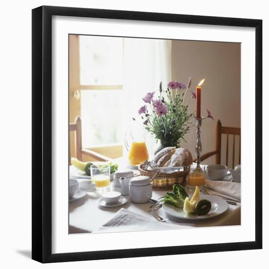 Laid Breakfast Table with Baked Goods, Juice and Fruit-null-Framed Photographic Print