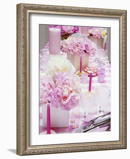 Laid Table with Pink Accessories and Peonies-Linda Burgess-Framed Photographic Print