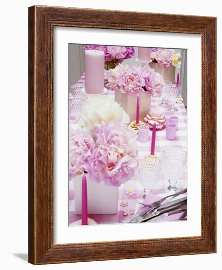 Laid Table with Pink Accessories and Peonies-Linda Burgess-Framed Photographic Print