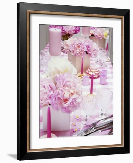 Laid Table with Pink Accessories and Peonies-Linda Burgess-Framed Photographic Print