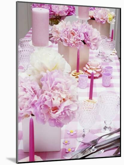 Laid Table with Pink Accessories and Peonies-Linda Burgess-Mounted Photographic Print