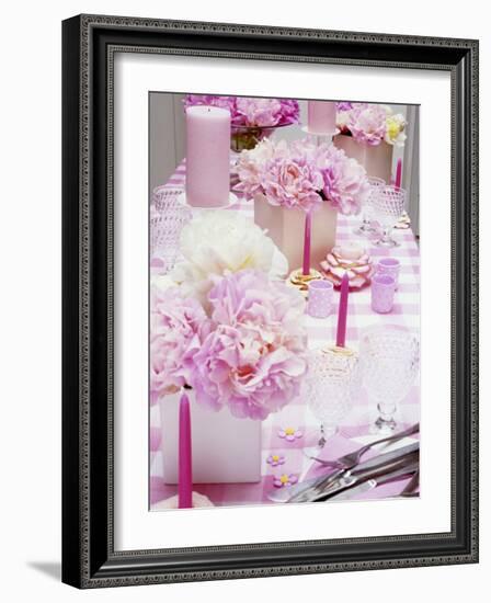 Laid Table with Pink Accessories and Peonies-Linda Burgess-Framed Photographic Print