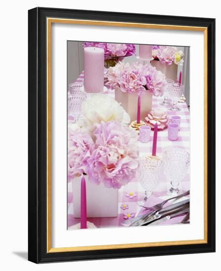 Laid Table with Pink Accessories and Peonies-Linda Burgess-Framed Photographic Print