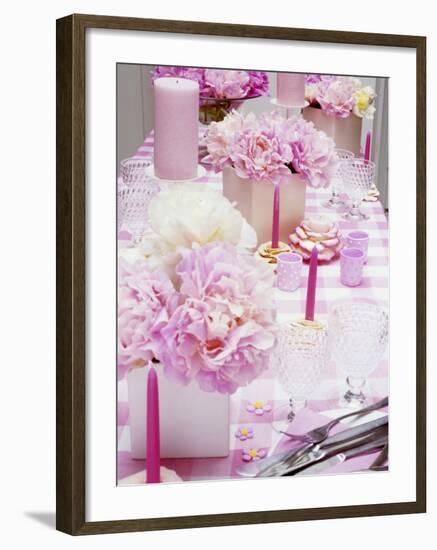 Laid Table with Pink Accessories and Peonies-Linda Burgess-Framed Photographic Print