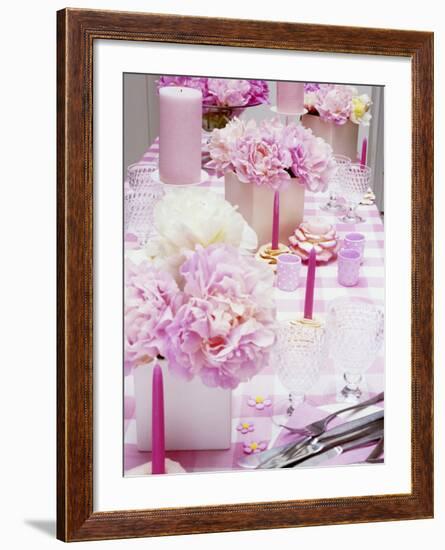 Laid Table with Pink Accessories and Peonies-Linda Burgess-Framed Photographic Print