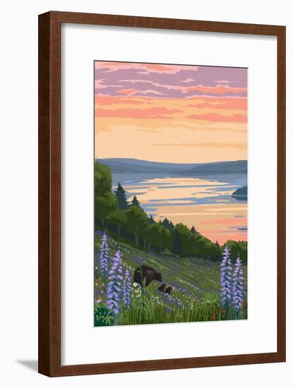 Lake and Bear Family-Lantern Press-Framed Art Print