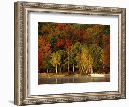 Lake and Boat with Fall Forest in Early Morning, New Hampshire, USA-Charles Sleicher-Framed Photographic Print