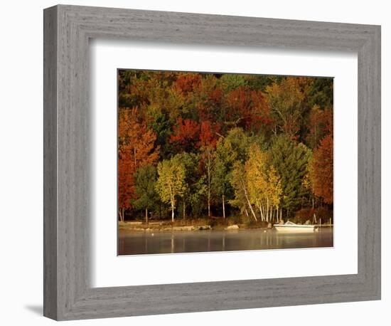 Lake and Boat with Fall Forest in Early Morning, New Hampshire, USA-Charles Sleicher-Framed Photographic Print