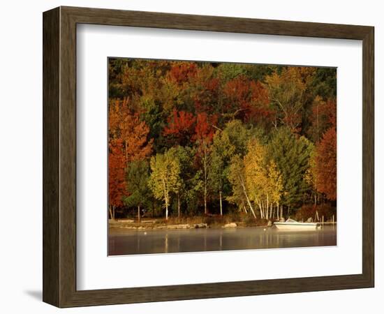 Lake and Boat with Fall Forest in Early Morning, New Hampshire, USA-Charles Sleicher-Framed Photographic Print