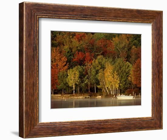 Lake and Boat with Fall Forest in Early Morning, New Hampshire, USA-Charles Sleicher-Framed Photographic Print