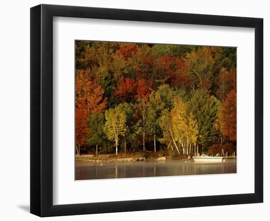 Lake and Boat with Fall Forest in Early Morning, New Hampshire, USA-Charles Sleicher-Framed Photographic Print