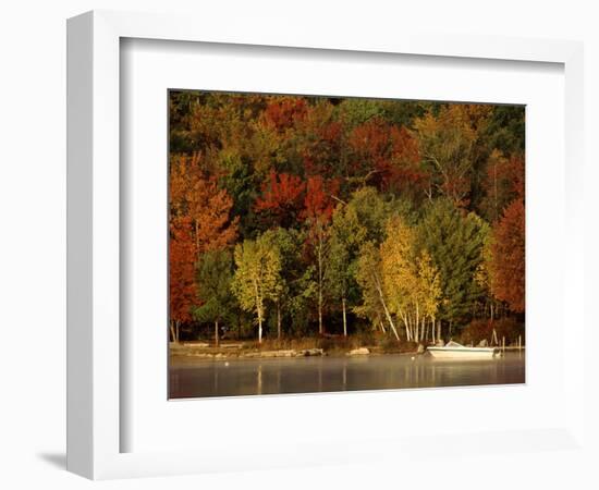 Lake and Boat with Fall Forest in Early Morning, New Hampshire, USA-Charles Sleicher-Framed Photographic Print