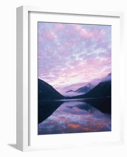 Lake and misty mountains at sunset, Allgau, Germany-Herbert Kehrer-Framed Photographic Print