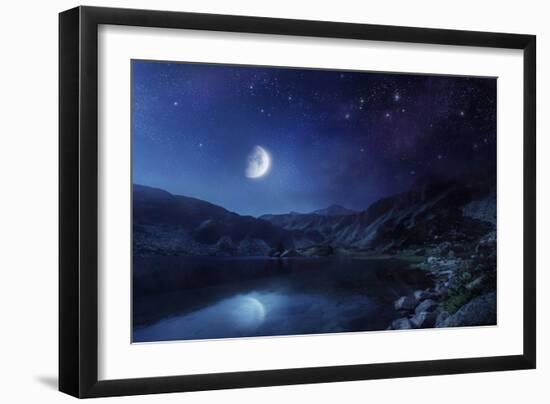 Lake and Mountains at Night Against Starry Sky, Pirin National Park, Bulgaria-null-Framed Photographic Print
