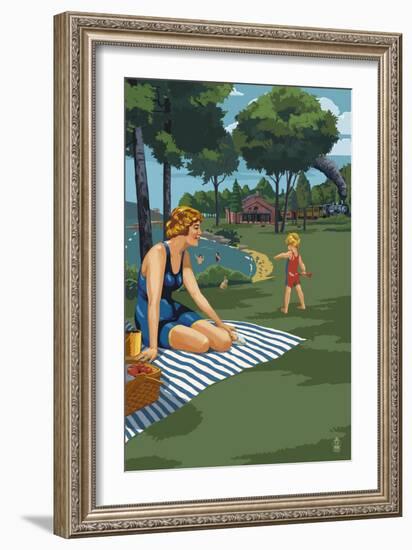 Lake and Picnic Scene-Lantern Press-Framed Art Print