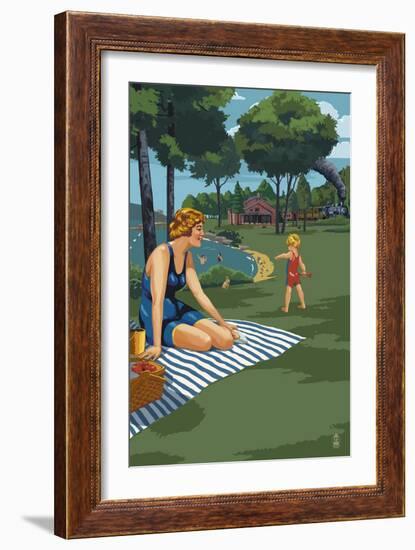 Lake and Picnic Scene-Lantern Press-Framed Art Print