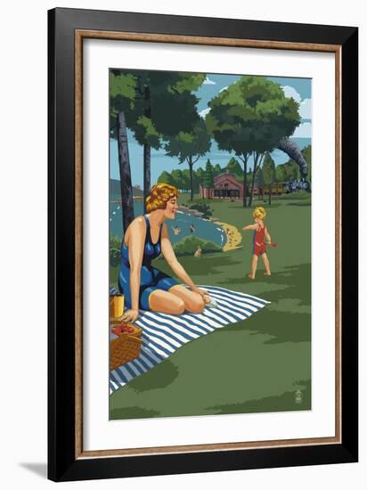 Lake and Picnic Scene-Lantern Press-Framed Art Print