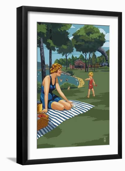 Lake and Picnic Scene-Lantern Press-Framed Art Print