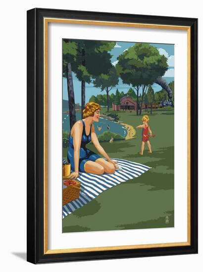 Lake and Picnic Scene-Lantern Press-Framed Art Print