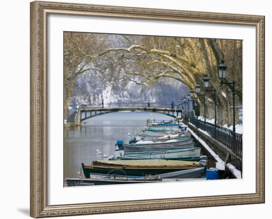 Lake Annecy and Boats Along Canal du Vasse, Annecy, French Alps, Savoie, Chambery, France-Walter Bibikow-Framed Photographic Print