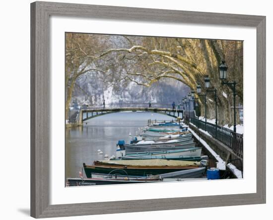 Lake Annecy and Boats Along Canal du Vasse, Annecy, French Alps, Savoie, Chambery, France-Walter Bibikow-Framed Photographic Print