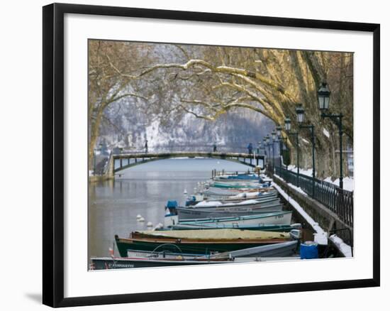 Lake Annecy and Boats Along Canal du Vasse, Annecy, French Alps, Savoie, Chambery, France-Walter Bibikow-Framed Photographic Print