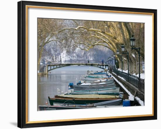 Lake Annecy and Boats Along Canal du Vasse, Annecy, French Alps, Savoie, Chambery, France-Walter Bibikow-Framed Photographic Print