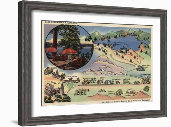 Lake Arrowhead, California - Detailed Map from LA to the Lake-Lantern Press-Framed Art Print
