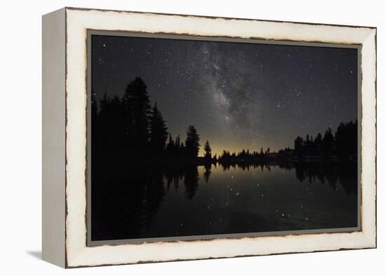 Lake at Night with Reflected Stars of the Milky Way and Silhouetted Trees, Lassen Volcanic Np, USA-Mark Taylor-Framed Premier Image Canvas