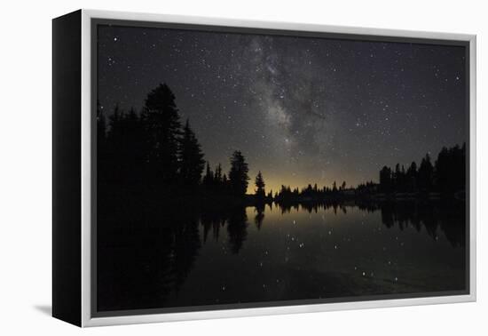 Lake at Night with Reflected Stars of the Milky Way and Silhouetted Trees, Lassen Volcanic Np, USA-Mark Taylor-Framed Premier Image Canvas