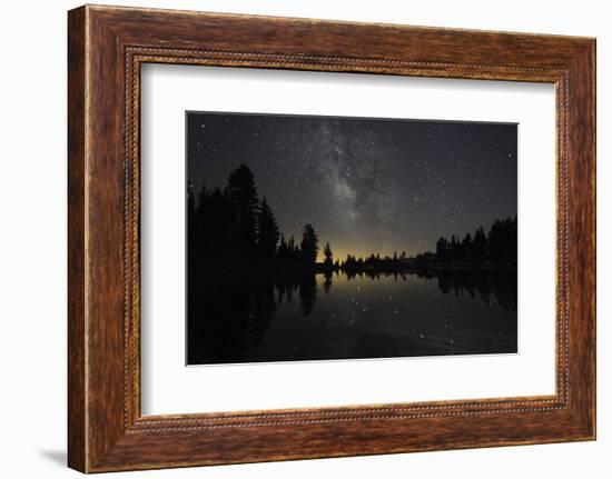 Lake at Night with Reflected Stars of the Milky Way and Silhouetted Trees, Lassen Volcanic Np, USA-Mark Taylor-Framed Photographic Print