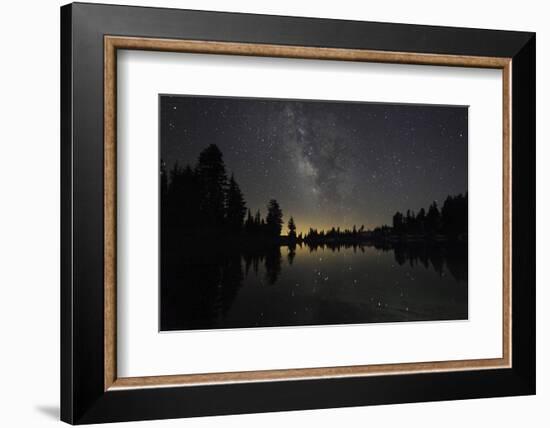 Lake at Night with Reflected Stars of the Milky Way and Silhouetted Trees, Lassen Volcanic Np, USA-Mark Taylor-Framed Photographic Print