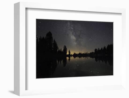 Lake at Night with Reflected Stars of the Milky Way and Silhouetted Trees, Lassen Volcanic Np, USA-Mark Taylor-Framed Photographic Print