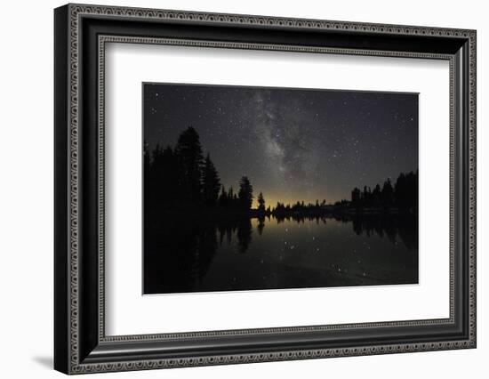 Lake at Night with Reflected Stars of the Milky Way and Silhouetted Trees, Lassen Volcanic Np, USA-Mark Taylor-Framed Photographic Print