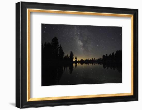 Lake at Night with Reflected Stars of the Milky Way and Silhouetted Trees, Lassen Volcanic Np, USA-Mark Taylor-Framed Photographic Print