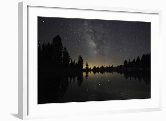 Lake at Night with Reflected Stars of the Milky Way and Silhouetted Trees, Lassen Volcanic Np, USA-Mark Taylor-Framed Photographic Print