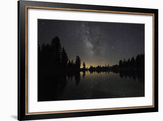 Lake at Night with Reflected Stars of the Milky Way and Silhouetted Trees, Lassen Volcanic Np, USA-Mark Taylor-Framed Photographic Print