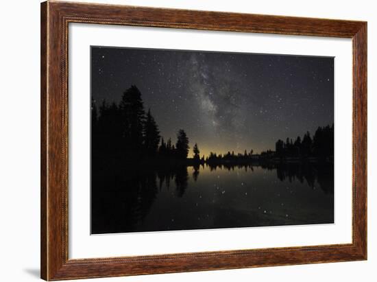 Lake at Night with Reflected Stars of the Milky Way and Silhouetted Trees, Lassen Volcanic Np, USA-Mark Taylor-Framed Photographic Print