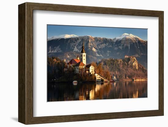 Lake Bled at Dawn with Santa Maria Church (Church of Assumption), Gorenjska, Julian Alps, Slovenia-Karen Deakin-Framed Photographic Print