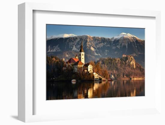 Lake Bled at Dawn with Santa Maria Church (Church of Assumption), Gorenjska, Julian Alps, Slovenia-Karen Deakin-Framed Photographic Print