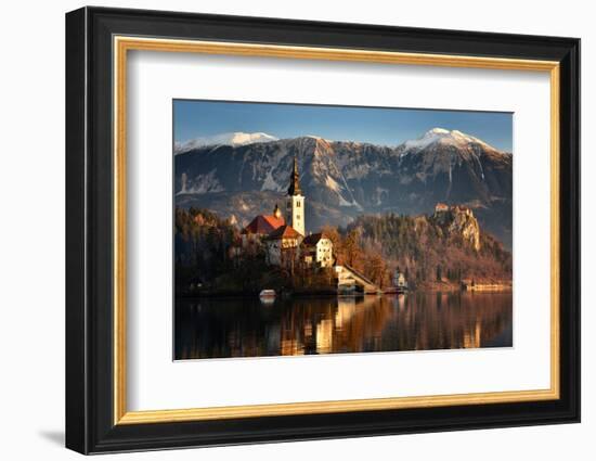 Lake Bled at Dawn with Santa Maria Church (Church of Assumption), Gorenjska, Julian Alps, Slovenia-Karen Deakin-Framed Photographic Print