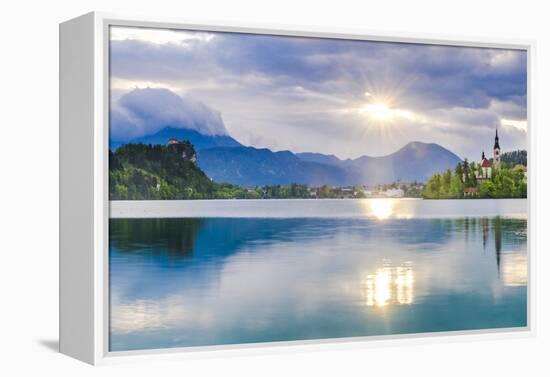 Lake Bled at Sunrise with the Church on Lake Bled Island and Bled Castle-Matthew Williams-Ellis-Framed Premier Image Canvas